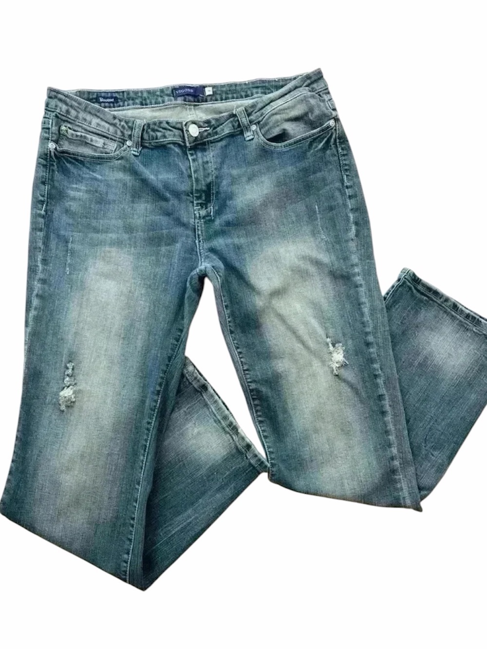 Vigoss Med Wash Lowrise Faded Distress Rhinestone Pocket Bootcut Jeans Size 15